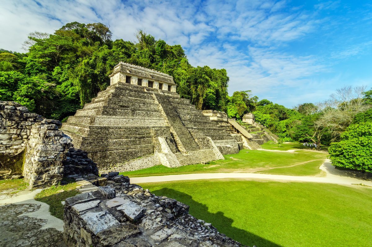 Ancient Mayan Temples In The Ruined City Of Palenque. 