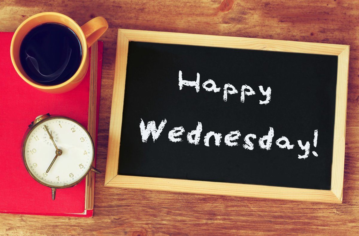 Blackboard Over Wooden Table Happy Wednesday