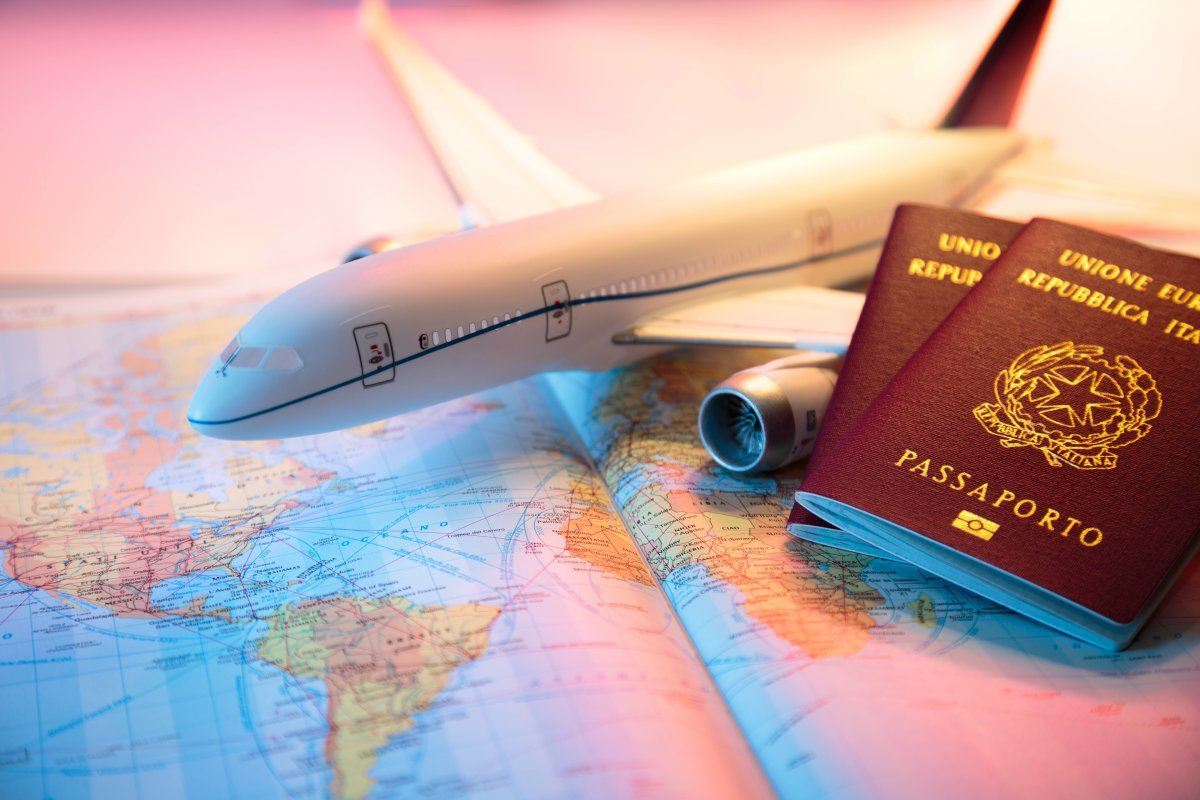 Trip In America with Passport, Airplane And Map Of World