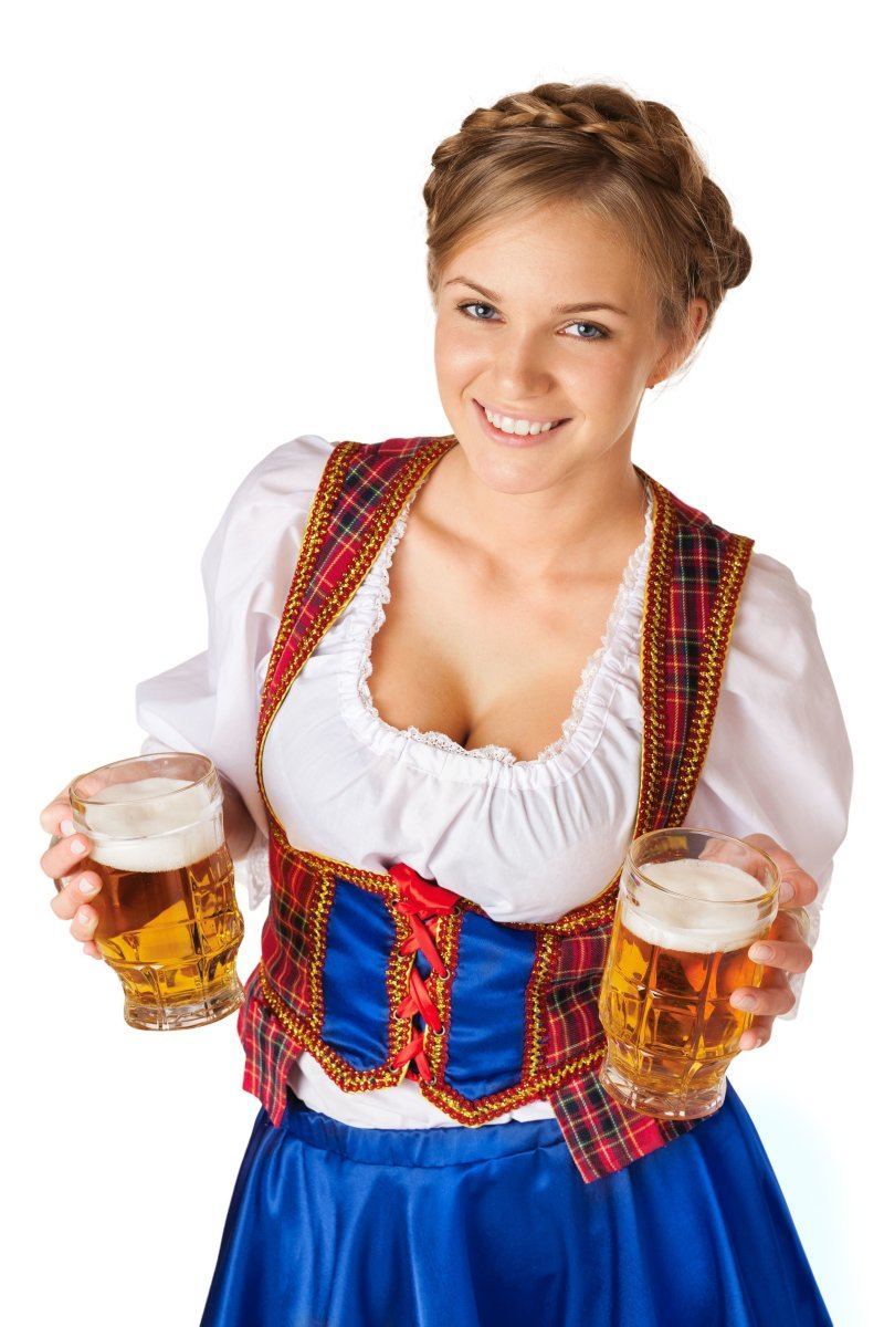 Young Blond Woman With Two Mugs Of Beer