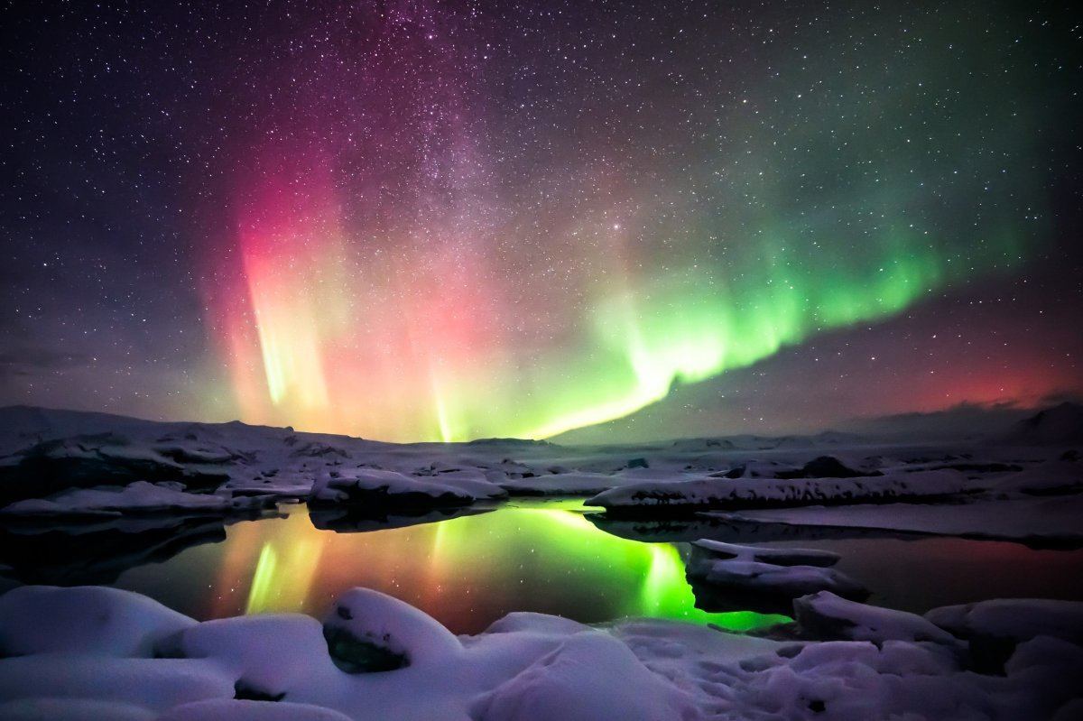 A Beautiful Green And Red Aurora in Iceland