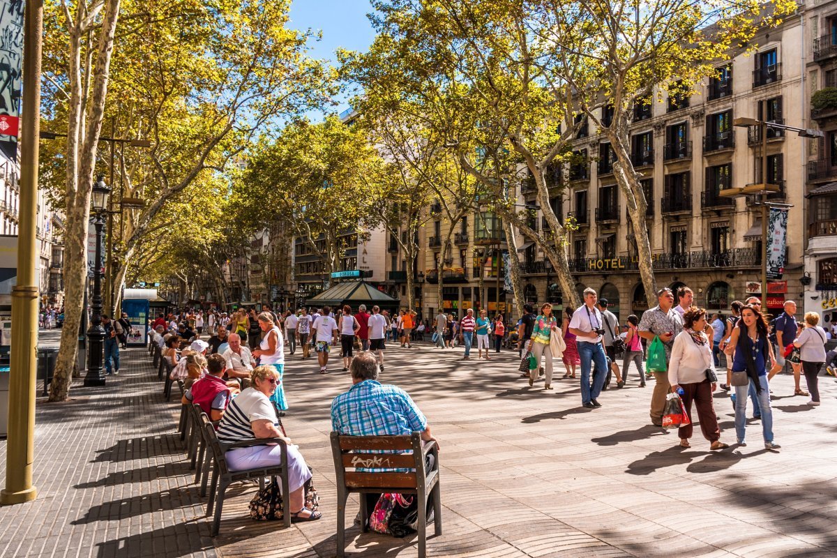 Barcelona, Spain - Crowded La Rambla Street.
