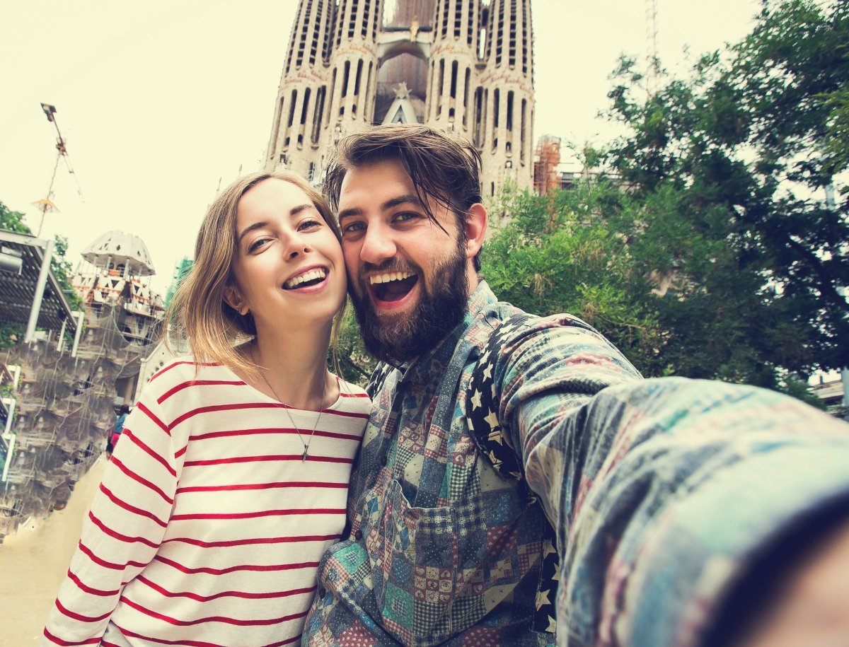 Couple Takes Selfie Near Sagrada Familia