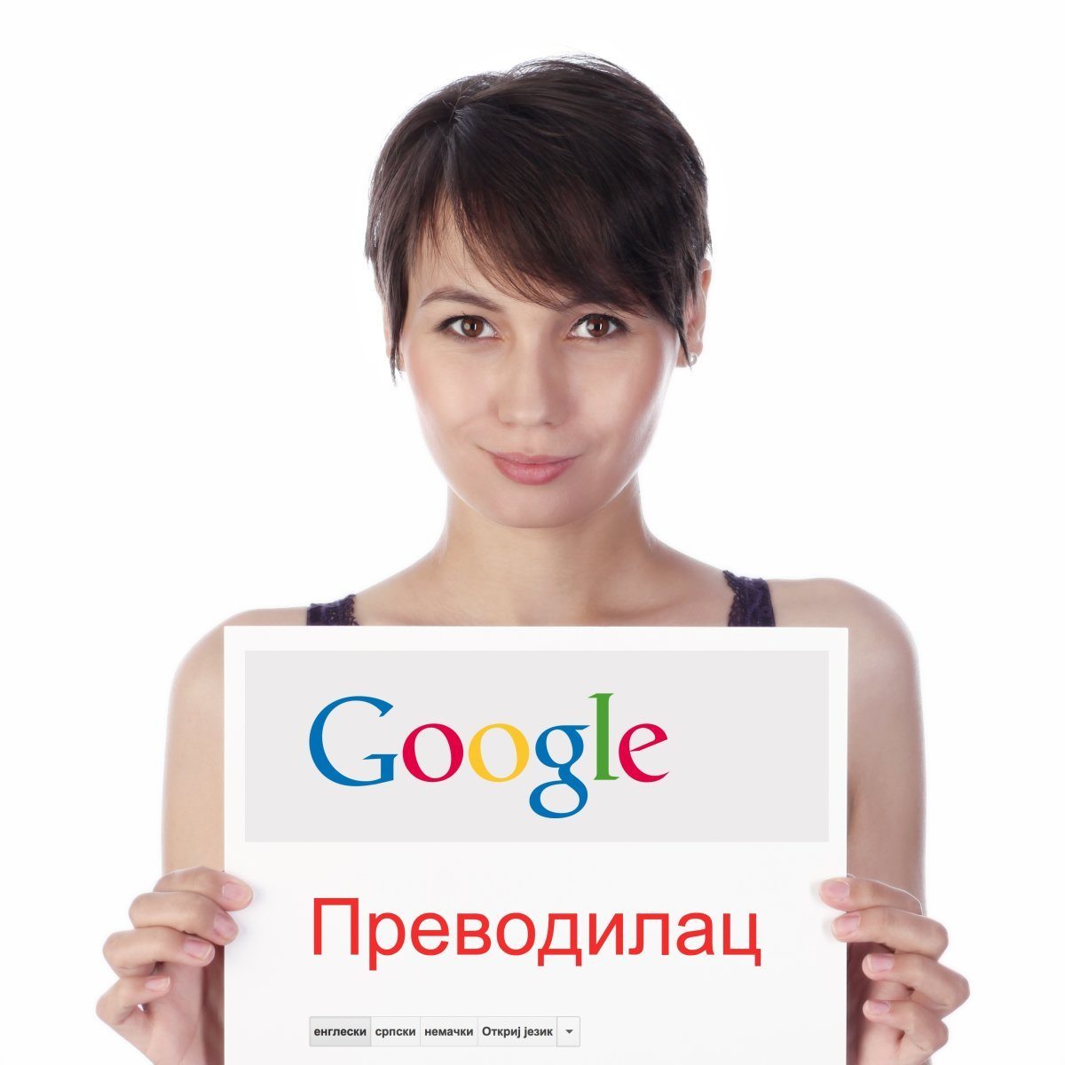Woman Holds Google Translate Logo