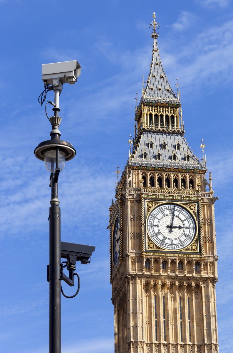 Cctv Security Cameras Mounted On A Lamp Post In Westminster With Big Ben In The Background.