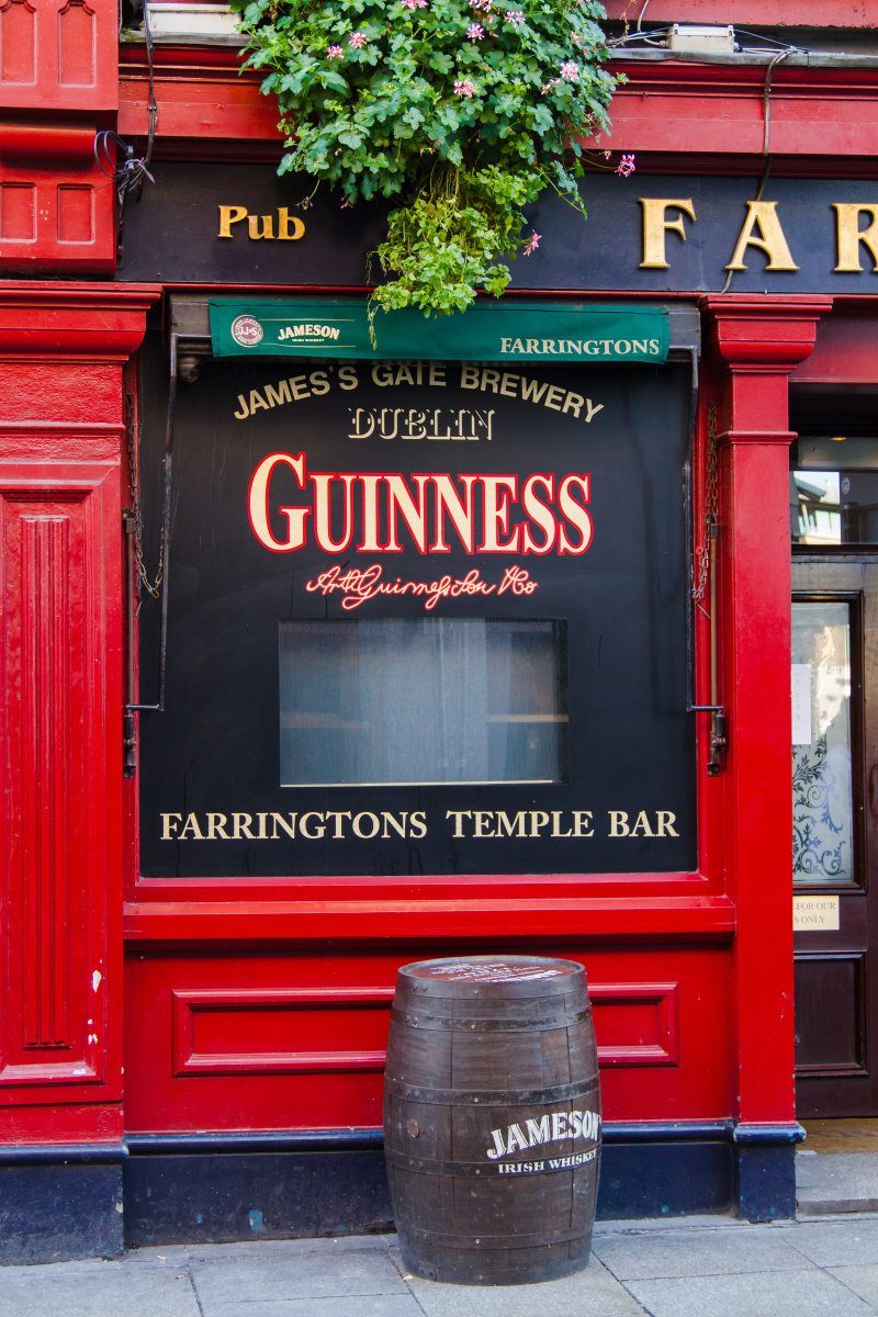 Street Scene In Dublin, Ireland Guinness sign on Temple Bar .