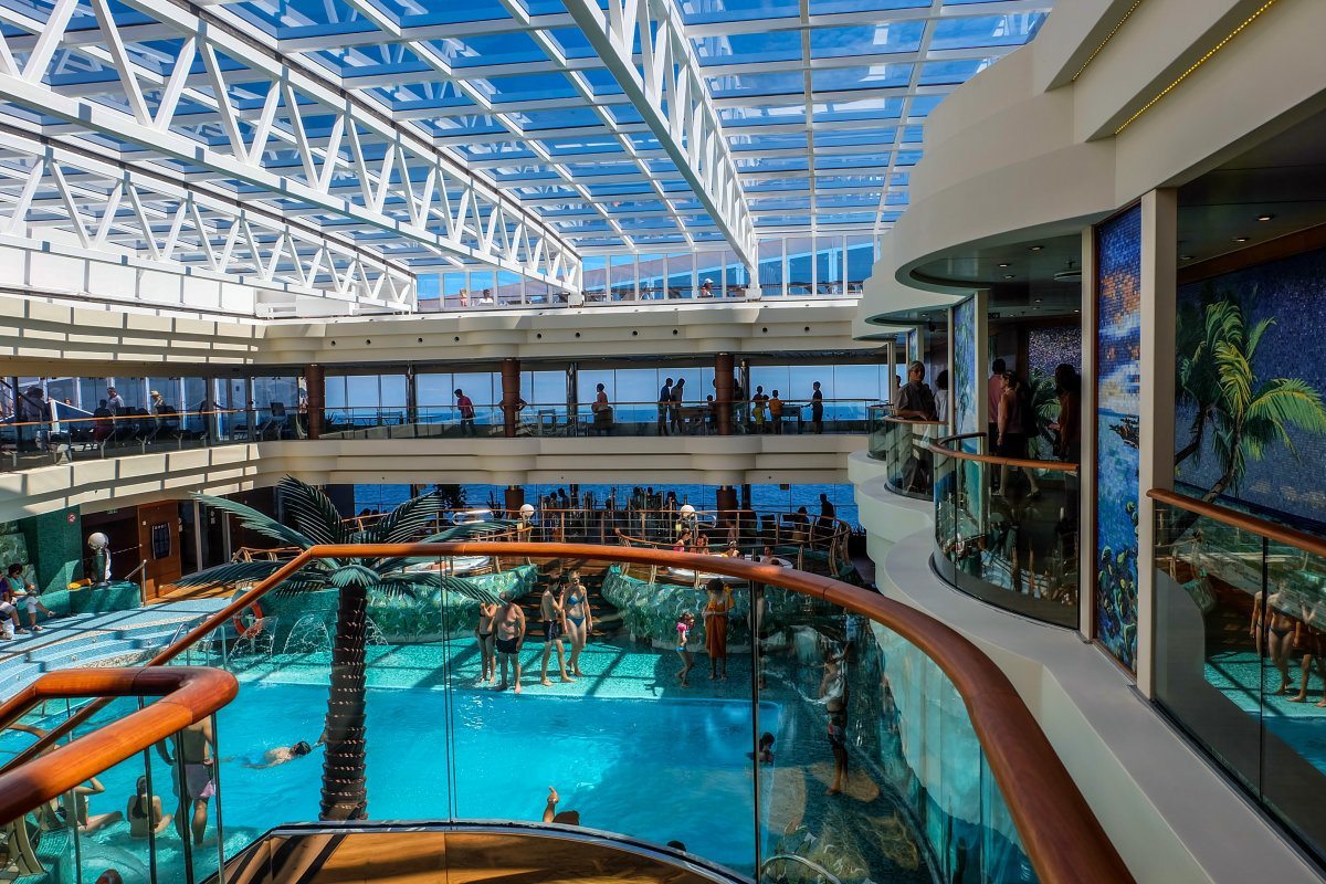 Bari, Italy, July 14, 2014 - The Large Tropical Indoor Pool On The Cruise Ship Msc Fantasia