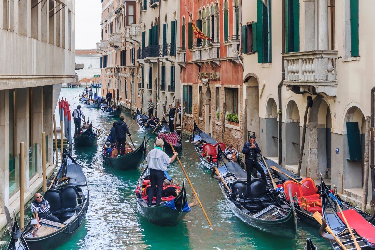 Large accumulation of gondolas in the historical center of Venice