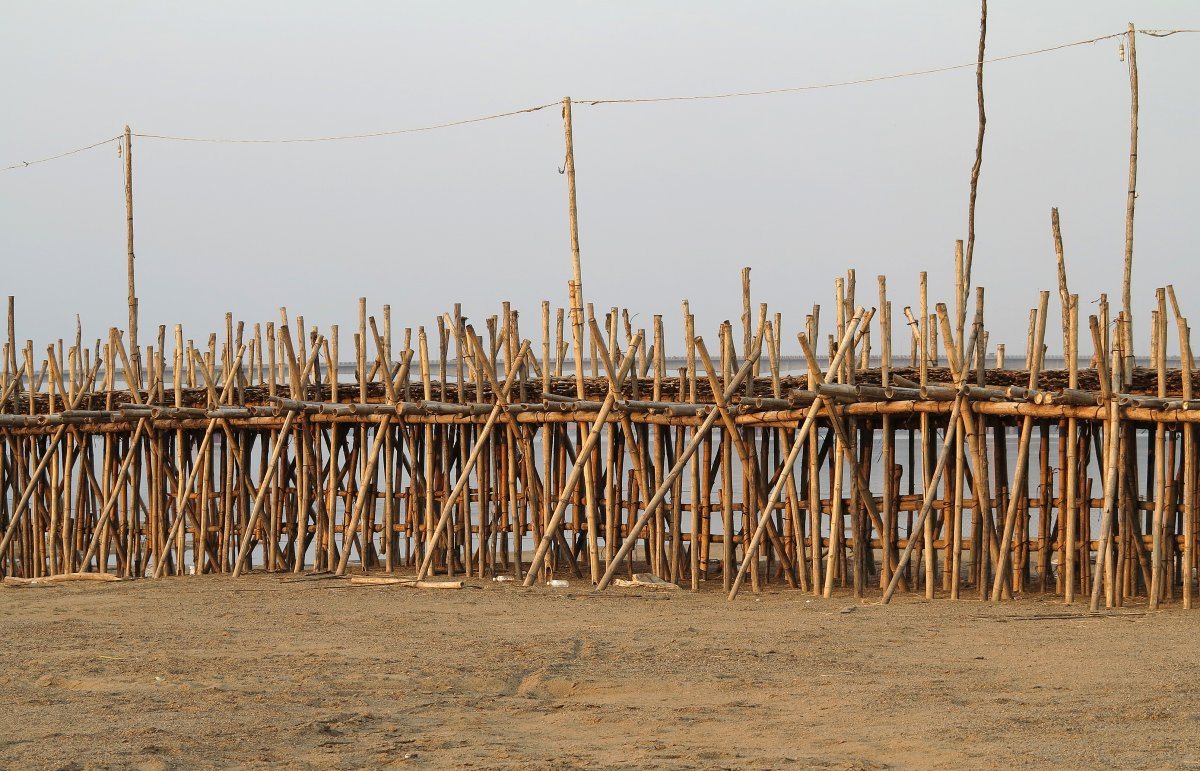 Longest bamboo bridge in the world over the River Mekong. A closeup showing the structure of the bridge which is erected every year during the dry season at Kampong Cham, Cambodia