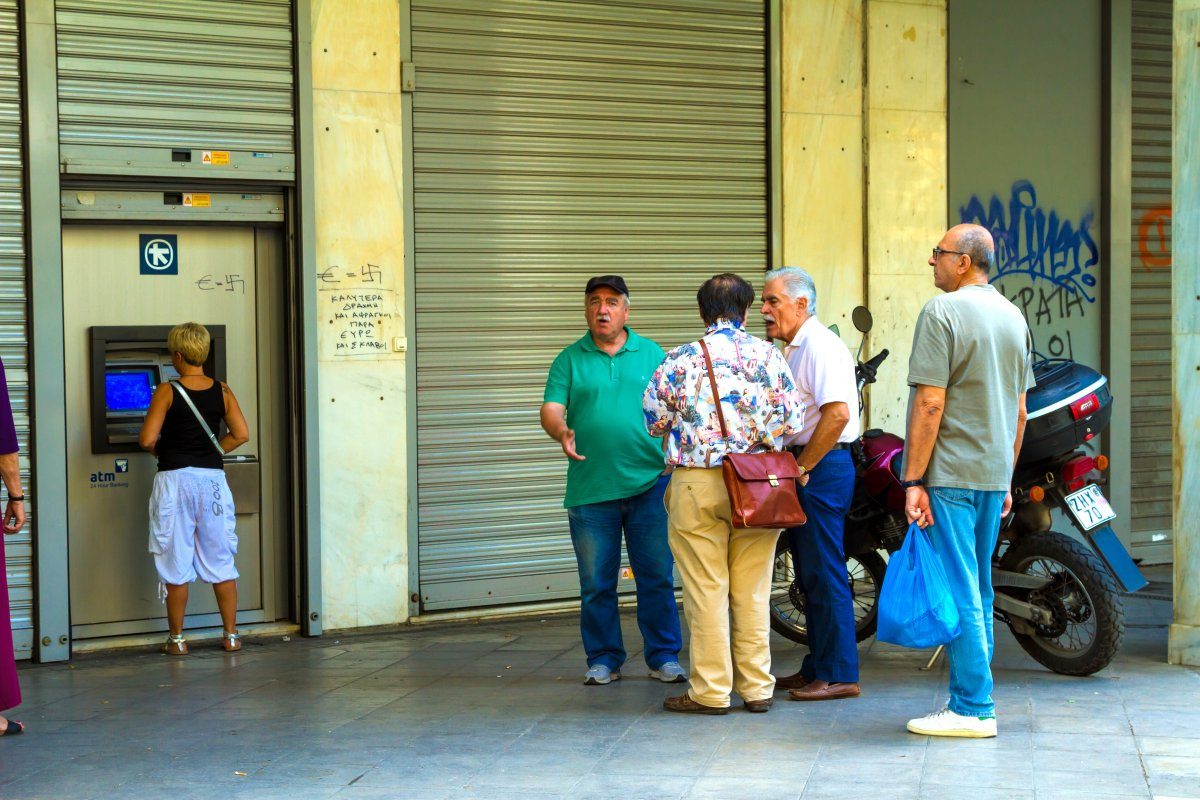 Athens, Greece Line Up Outside A Closed Bank