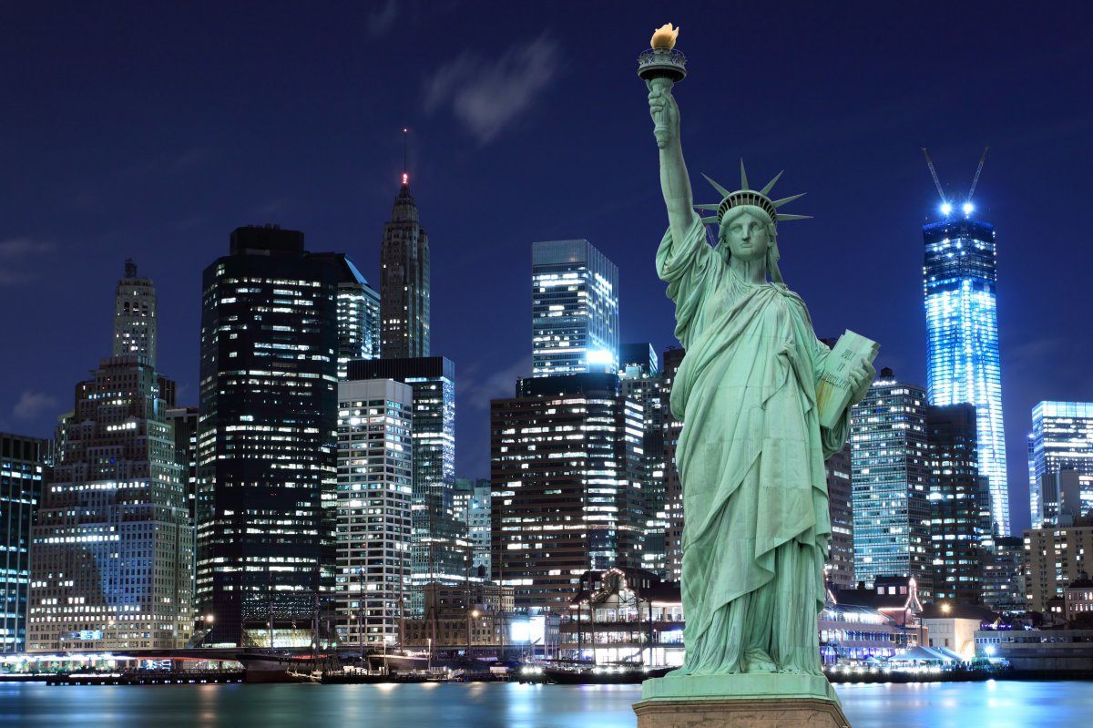 Manhattan Skyline Statue Of Liberty At Night, New York City