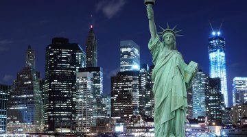 Manhattan Skyline Statue Of Liberty At Night, New York City