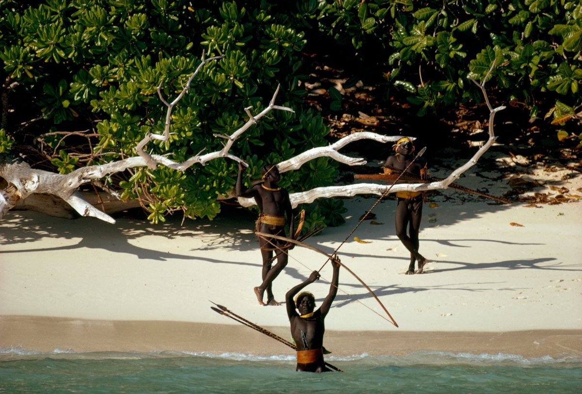 Sentinelese tribesmen on North Sentinel Island