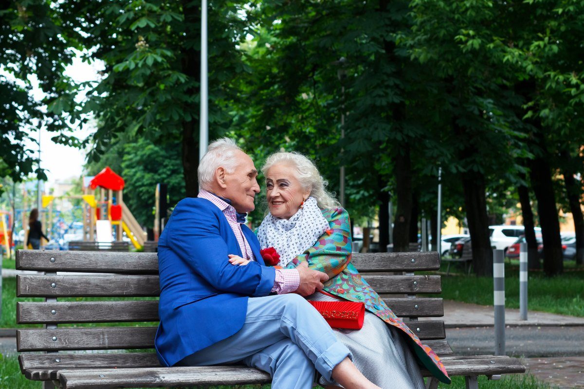 Elderly Couple Smiling Happily Walk Park
