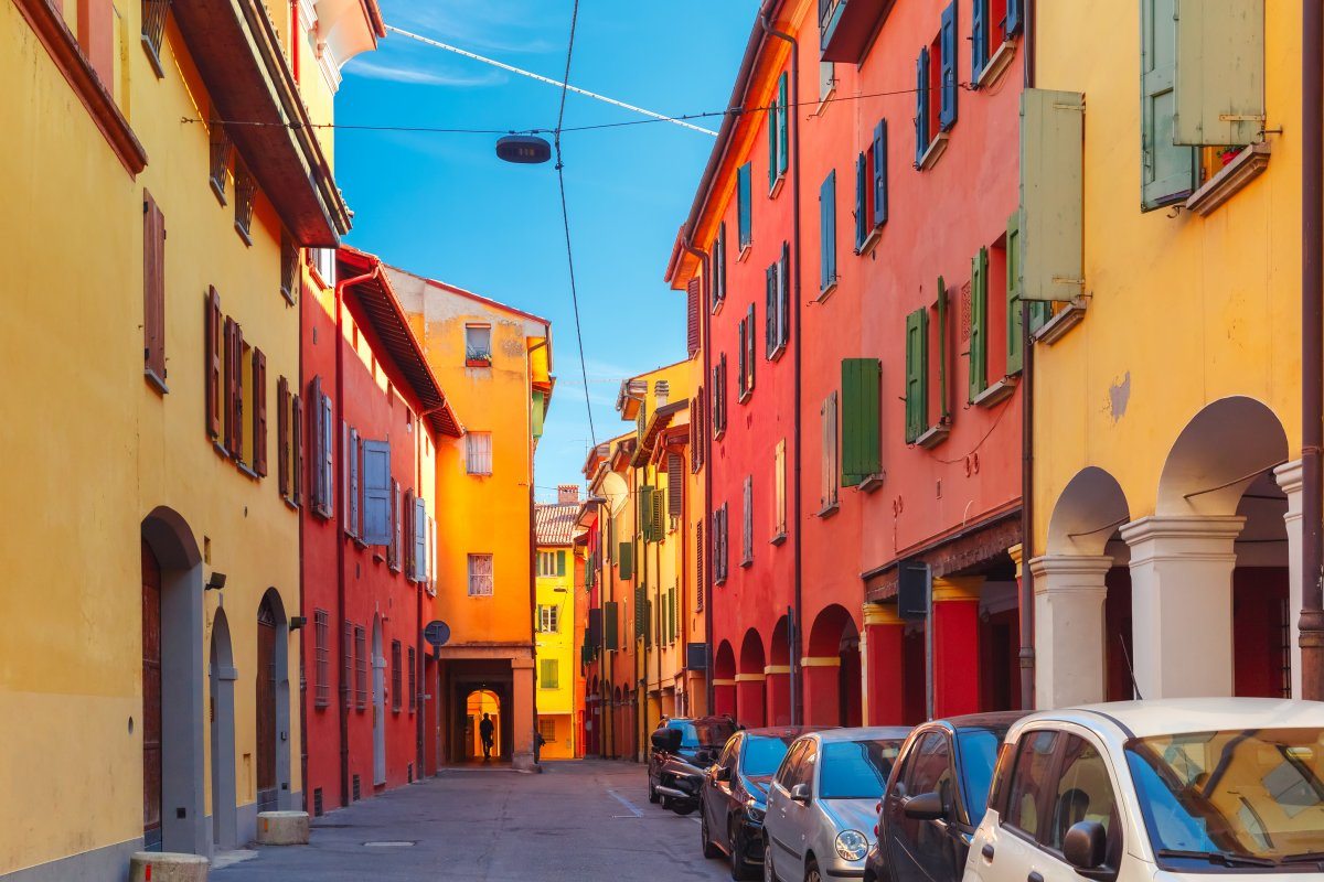 Medieval Street Portico Bright Colored Houses