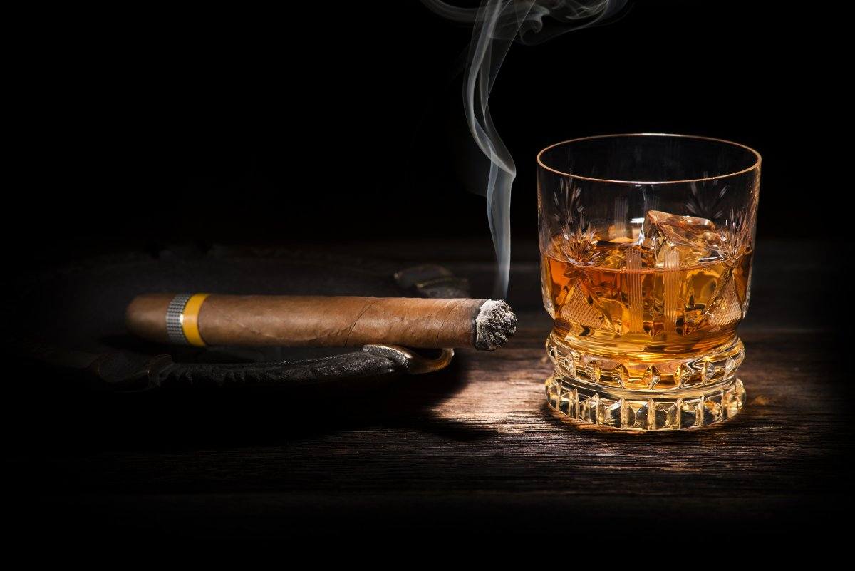 Whiskey Cigar On Wooden Background Close