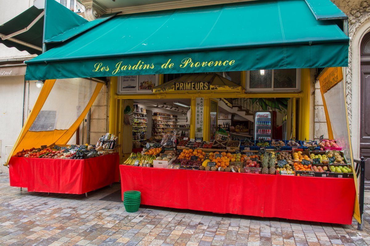 A greengrocer's shop in Cannes is freshly stocked with fruit and vegetables