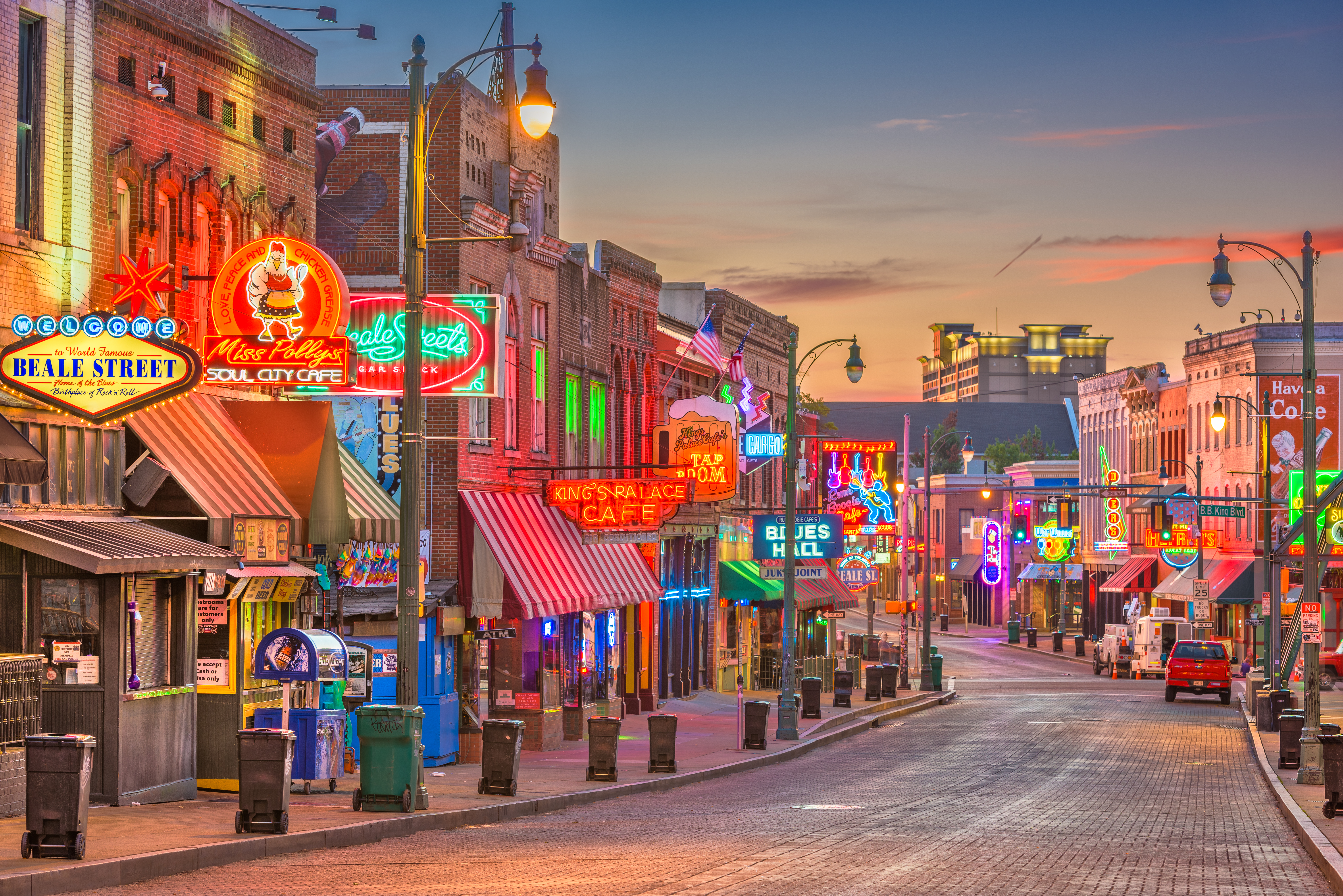 Blues Clubs on historic Beale Street at twilight, Memphis, Tennessee