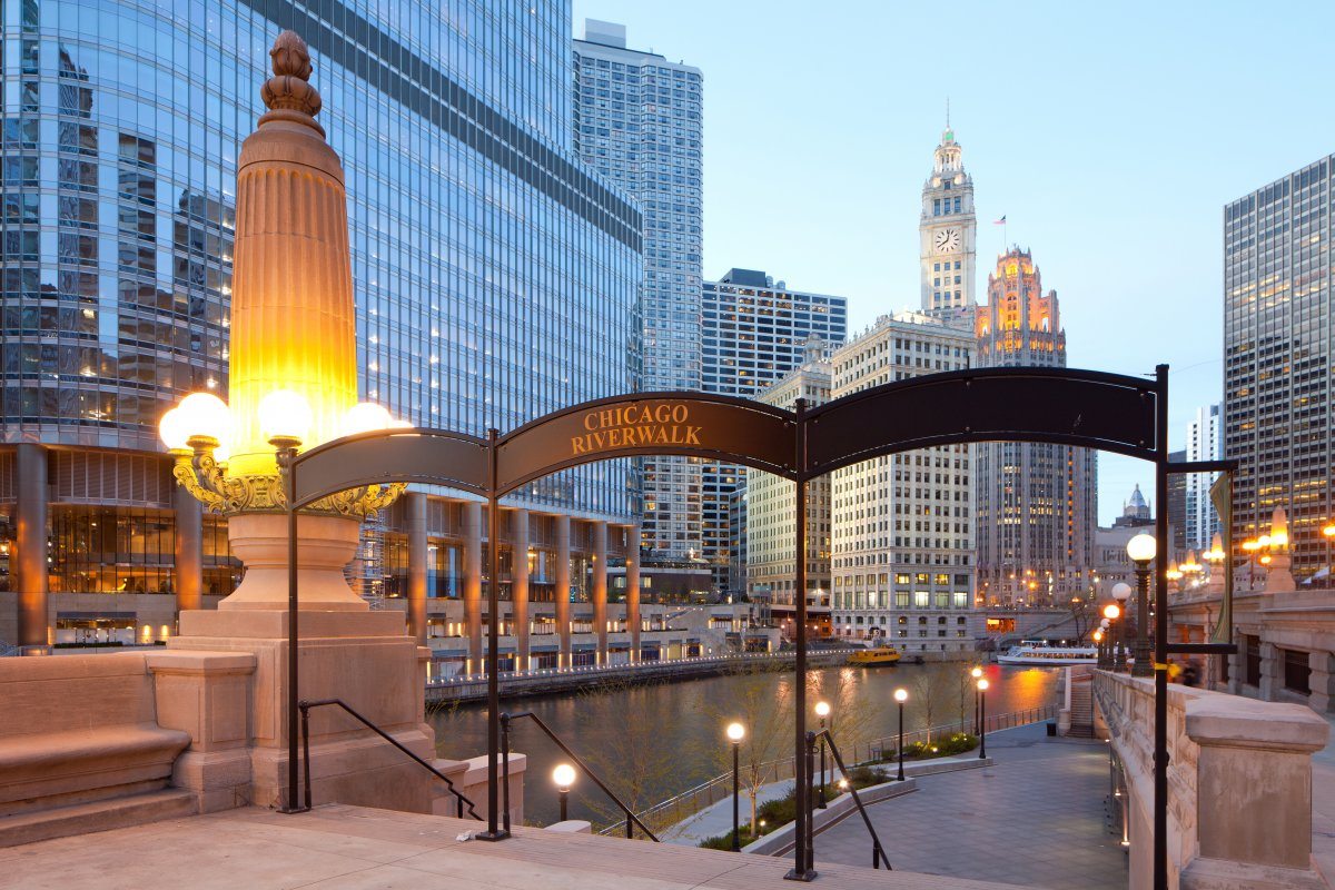 Chicago Riverwalk, and the side of Chicago River in downtown