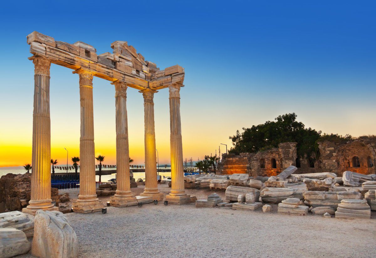 Old ruins in Side, Turkey at sunset
