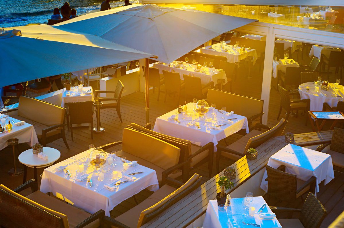 Top view on the restaurant in sunset lights, Cannes
