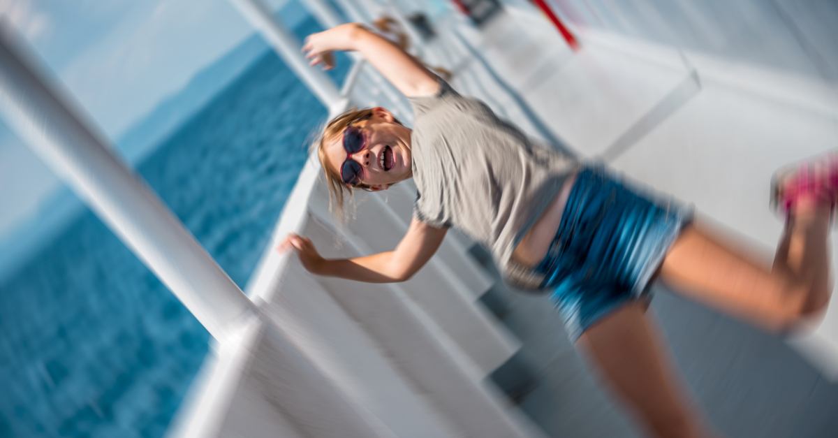 Girl slip on a wet ship deck